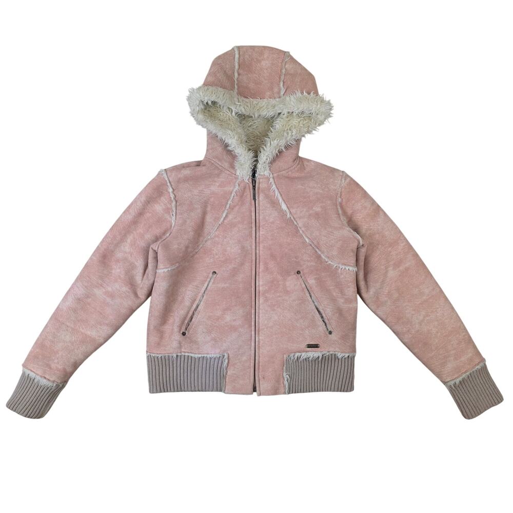 Vintage Y2K LEI Pink Faux Suede Sherpa Jacket Womens M Fur Hood Zip Up